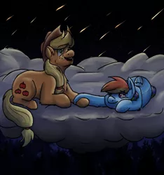 Size: 3000x3200 | Tagged: safe, artist:applejackofalltrades, derpibooru import, applejack, rainbow dash, earth pony, pegasus, pony, appledash, cloud, female, hoof hold, image, lesbian, loving gaze, meteor shower, night, on a cloud, png, shipping, smiling, stargazing