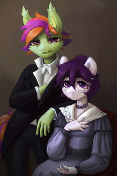Size: 1154x1732 | Tagged: safe, artist:kotya, derpibooru import, oc, oc:frame gravity, oc:the doll, anthro, earth pony, 19th century, clothes, dress, image, png, suit