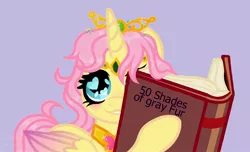 Size: 1432x872 | Tagged: suggestive, alternate version, artist:vizirka, derpibooru import, fluttershy, oc, oc:princess fluttershy, alicorn, pony, alicorn oc, alternate hairstyle, alternate universe, book, commission, element of kindness, fifty shades of grey, horn, image, implied bsdm, jewelry, jpeg, looking at you, princess fluttershy, smiling, smiling at you, solo, tiara, two toned wings, wings, ych result