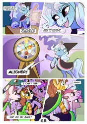 Size: 2100x3000 | Tagged: safe, artist:loryska, derpibooru import, trixie, oc, oc:clarabelle, oc:conundrum solar flare, oc:plumeria, unofficial characters only, dragon, earth pony, hybrid, pegasus, pony, zony, comic:friendship grows, clothes, comic, female, image, magic, mare, offspring, parent:quibble pants, parent:rainbow dash, parents:quibbledash, png, roulette, scroll