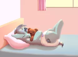 Size: 1682x1230 | Tagged: safe, artist:binkyroom, derpibooru import, oc, pony, unicorn, abdl, bed, bedroom, commission, cute, diaper, hug, image, nap, pacifier, pillow, plushie, png, smiling, solo, stuffed animals, teddy bear, ych result