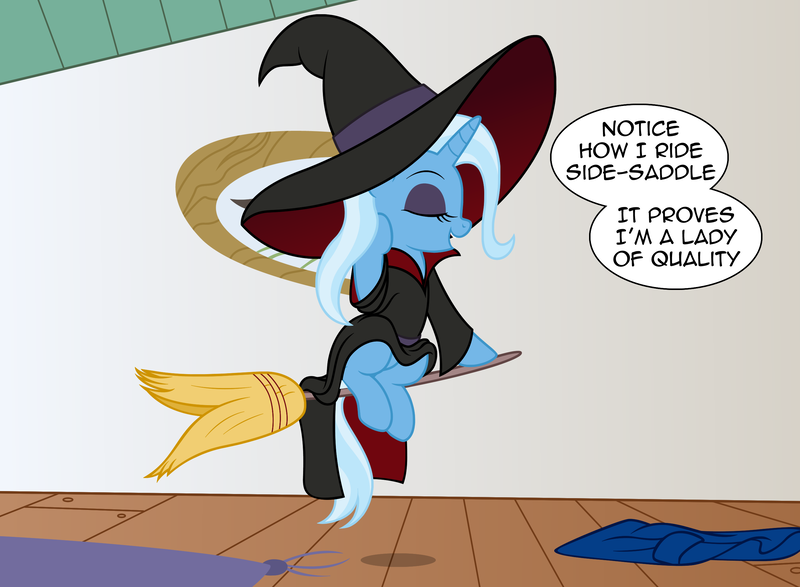 Size: 2708x1988 | Tagged: safe, artist:badumsquish, derpibooru import, trixie, ponified, pony, unicorn, bewitched bunny, broom, derpibooru exclusive, dialogue, eyes closed, eyeshadow, flirty, flying, flying broomstick, hat, house, image, looney tunes, makeup, png, riding, show accurate, sitting, solo, talking to viewer, witch, witch costume, witch hat, witch hazel