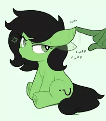 Size: 1246x1418 | Tagged: safe, alternate version, artist:shinodage, oc, oc:anonfilly, earth pony, human, pony, angry, annoyed, cross-popping veins, cute, ear play, ears, female, filly, floppy ears, hand, image, looking at something, looking back, madorable, offscreen character, offscreen human, onomatopoeia, png, pouting, simple background, sitting, underhoof