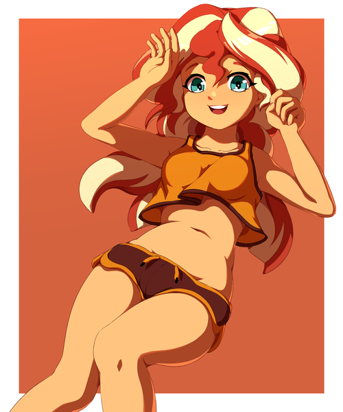 Size: 2500x3000 | Tagged: safe, artist:rockset, sunset shimmer, human, equestria girls, arms in the air, clothes, dolphin shorts, female, happy, image, looking at you, on back, png, shorts, side slit, smiling, solo, solo female, tanktop, teal eyes, tomboy, two toned clothes, two toned hair