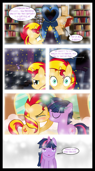 Size: 1280x2300 | Tagged: safe, artist:bigsnusnu, derpibooru import, chancellor neighsay, sunset shimmer, twilight sparkle, pony, comic:dusk shine in pursuit of happiness, book, bookshelf, clapping, colt, dusk shine, duskshimmer, female, filly, half r63 shipping, image, kissing, lesbian, male, medallion, png, regret, rule 63, shipping, simple background, straight, sunsetsparkle, teary eyes, train station, transparent background
