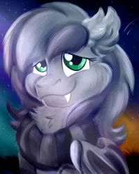 Size: 2000x2500 | Tagged: safe, artist:euspuche, derpibooru import, oc, unofficial characters only, bat pony, bust, clothes, female, fluffy, image, looking at you, night, png, portrait, scarf, shy, smiling, smiling at you