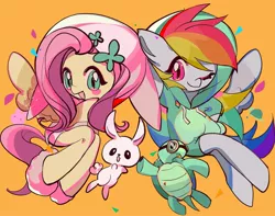 Size: 2029x1600 | Tagged: safe, artist:dengdengbobo, derpibooru import, angel bunny, fluttershy, rainbow dash, tank, clothes, hoodie, image, jpeg