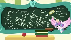 Size: 1280x720 | Tagged: safe, derpibooru import, screencap, princess flurry heart, alicorn, pony, a flurry of emotions, season 7, baby, baby pony, chalkboard, cute, female, filly, flurrybetes, flying, image, magic, open mouth, png, ponyville schoolhouse, solo, telekinesis