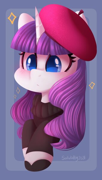 Size: 714x1258 | Tagged: safe, artist:sakukitty, derpibooru import, rarity, pony, unicorn, alternate hairstyle, beatnik rarity, beret, blushing, bust, clothes, colored pupils, cute, female, hat, image, jpeg, mare, raribetes, solo, sweater