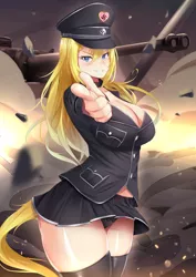 Size: 3621x5120 | Tagged: suggestive, artist:aryanne, ponybooru import, oc, oc:aryanne, unofficial characters only, human, blonde, blonde hair, blue eyes, cap, clothes, female, hat, humanized, image, looking at you, nazi, panties, peaked cap, png, pointing, pointing at you, skirt, socks, solo, solo female, tailed humanization, tank (vehicle), thigh highs, underwear, uniform