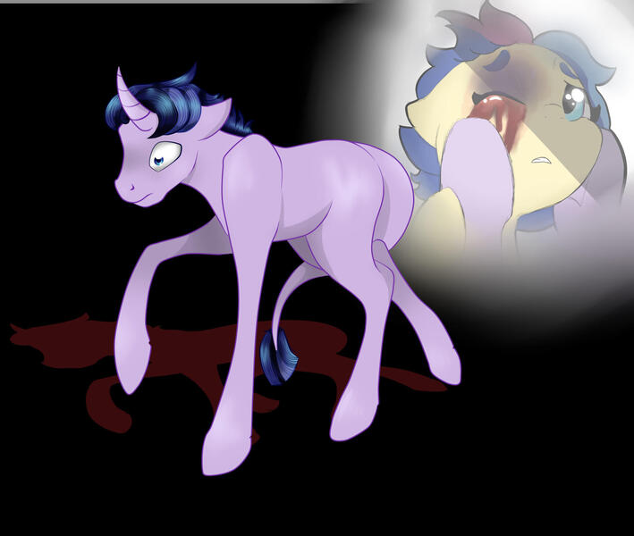 Size: 1862x1576 | Tagged: semi-grimdark, artist:byemyfriends, derpibooru import, oc, oc:ceres, oc:honeydew feather, unofficial characters only, pony, unicorn, blood, colt, duo, female, filly, flashback, horn, image, jpeg, male, missing eye, offscreen character, offspring, parent:flash sentry, parent:twilight sparkle, parents:flashlight, pov, ptsd, unicorn oc, wide eyes