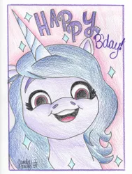 Size: 1024x1352 | Tagged: safe, artist:candyrandy7d, derpibooru import, izzy moonbow, unicorn, g5, happy birthday, image, jpeg, looking at you, solo