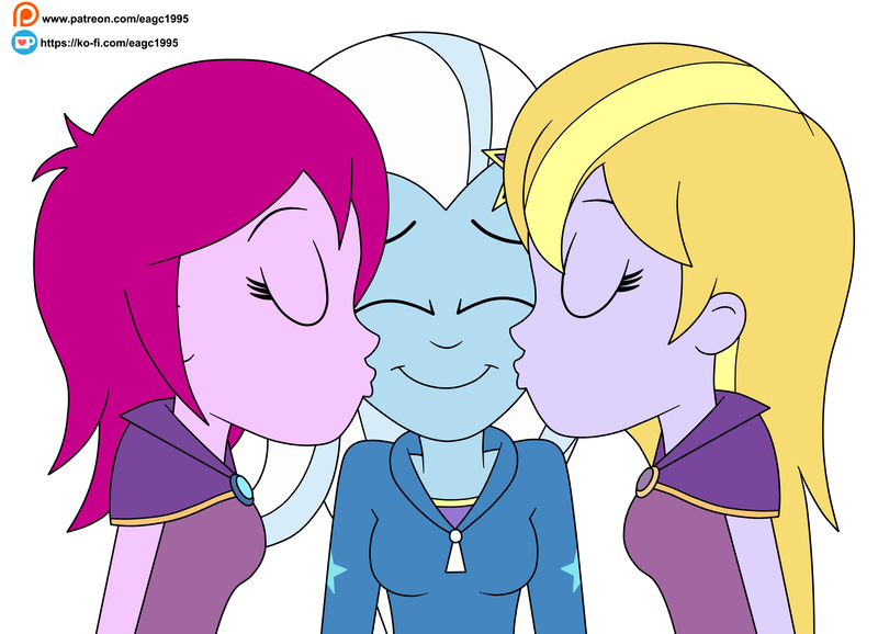 Size: 2527x1825 | Tagged: safe, artist:eagc7, derpibooru import, fuchsia blush, lavender lace, trixie, equestria girls, clothes, commission, female, image, kissing, ko-fi, lesbian, ot3, png, polyamory, shipping, simple background