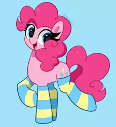 Size: 3910x4264 | Tagged: safe, artist:kittyrosie, derpibooru import, pinkie pie, earth pony, pony, absurd resolution, blue background, clothes, cute, diapinkes, female, happy, image, mare, open mouth, png, redraw, simple background, socks, solo, striped socks