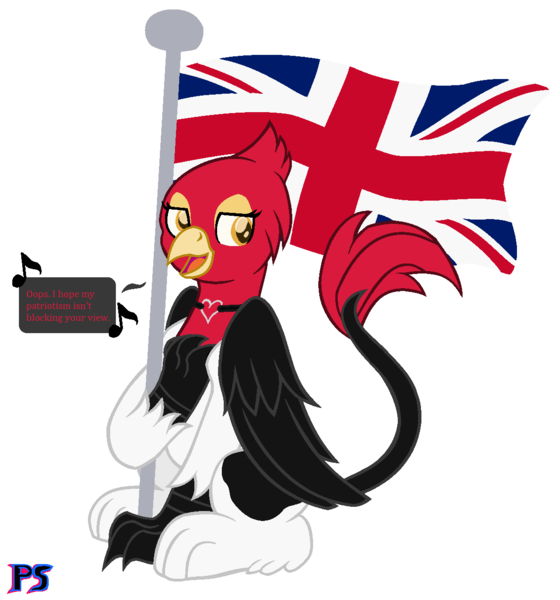 Size: 1184x1268 | Tagged: safe, artist:phoenixperegrine, derpibooru import, oc, oc:genette, gryphon, british flag, female, image, png, simple background, solo, white background