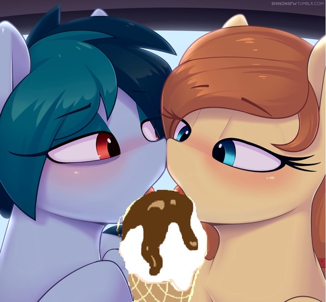 Size: 820x762 | Tagged: suggestive, artist:shinodage, edit, editor:fluttershyisnot adoormat, oc, oc:cream heart, oc:delta vee, eating, food, ice cream, image, jpeg, licking, meme, safe edit, suggestive eating, tongue out