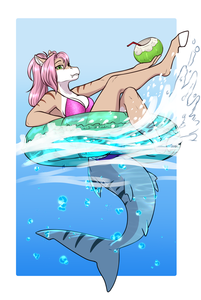 Size: 2281x3401 | Tagged: safe, artist:blackblood-queen, derpibooru import, oc, oc:sandra duskfin, unofficial characters only, anthro, original species, pony, shark, shark pony, unguligrade anthro, bikini, breasts, clothes, commission, digital art, drink, fangs, female, image, inflatable, mare, misleading thumbnail, png, raffle prize, shark pony oc, solo, swimsuit, water