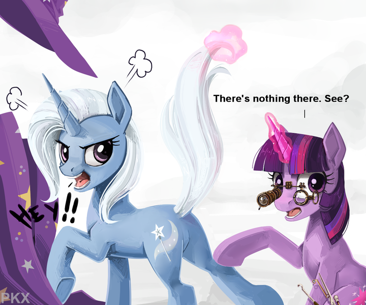 Size: 1200x1000 | Tagged: safe, artist:ponykillerx, trixie, twilight sparkle, pony, unicorn, angry, butt, clothes, dock, eyewear, featureless crotch, female, hat, image, magic, mare, open mouth, plot, png, sitting, tail lift, telekinesis, the great and powerful ass, trixie's hat, yelling