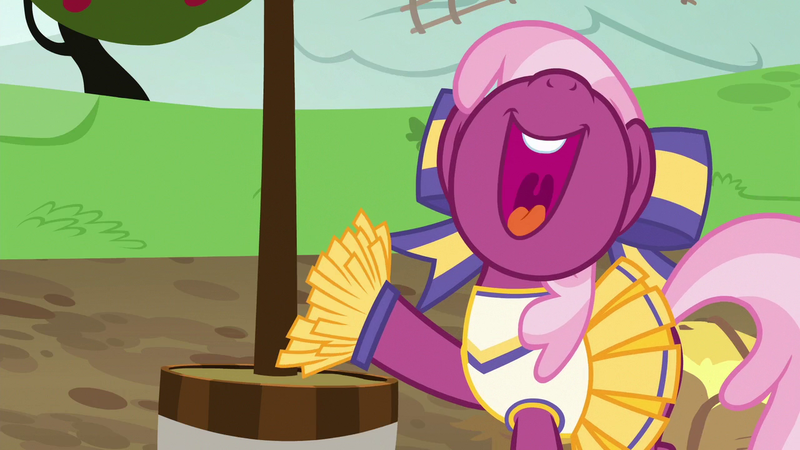 Size: 1280x720 | Tagged: safe, derpibooru import, screencap, cheerilee, earth pony, pony, season 6, the cart before the ponies, cheerileeder, cheerleader, cheerleader outfit, clothes, female, image, mare, nose in the air, open mouth, png, smiling, solo, uvula, volumetric mouth