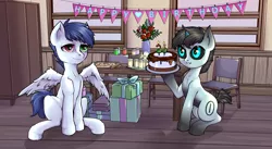 Size: 3508x1928 | Tagged: safe, artist:leastways, derpibooru import, oc, oc:iso, oc:slipstream, pegasus, pony, unicorn, birthday, birthday cake, birthday gift, black sclera, cake, candle, food, horn, image, plates, png, present