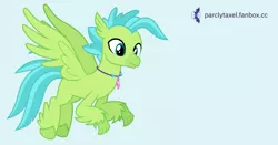 Size: 1200x630 | Tagged: safe, artist:parclytaxel, derpibooru import, oc, oc:bottlegriff, unofficial characters only, classical hippogriff, hippogriff, blue background, flying, image, looking down, male, png, raised claw, simple background, smiling, solo, vector, wip