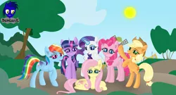 Size: 7680x4154 | Tagged: safe, artist:damlanil, derpibooru import, applejack, fluttershy, pinkie pie, rainbow dash, rarity, twilight sparkle, twilight sparkle (alicorn), alicorn, earth pony, pegasus, pony, unicorn, applejack's hat, bush, city, cowboy hat, cute, dashabetes, diapinkes, eyeshadow, female, frog (hoof), happy, hat, horn, image, jackabetes, looking at you, lying down, magic, makeup, mare, open mouth, png, raised hoof, raribetes, shine, shiny mane, shyabetes, smiling, tree, twiabetes, underhoof, vector, wings