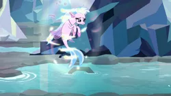 Size: 1920x1080 | Tagged: safe, derpibooru import, screencap, silverstream, seapony (g4), what lies beneath, female, frown, image, midair, nightmare cave, png, transformation, water