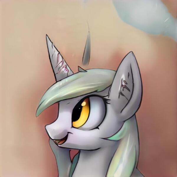 Size: 1024x1024 | Tagged: safe, artist:thisponydoesnotexist, derpibooru import, machine learning generated, unicorn, cracked horn, golden eyes, gray coat, horn, image, jpeg, neural network, simple background, solo