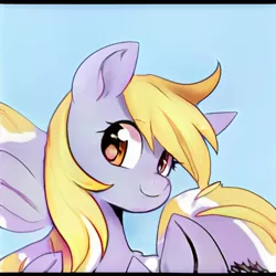 Size: 1024x1024 | Tagged: safe, artist:thisponydoesnotexist, derpibooru import, machine learning generated, derpy hooves, pegasus, golden eyes, gray coat, image, jpeg, looking at you, neural network, simple background, smiling, solo, wings, yellow mane