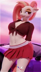 Size: 2160x3840 | Tagged: safe, artist:vyprae, derpibooru import, shimmy shake, anthro, pegasus, 3d, :p, arm behind back, belly button, breasts, busty shimmy shake, car, clothes, female, front knot midriff, image, jpeg, midriff, shirt, skirt, solo, solo female, source filmmaker, tail, thighs, tongue out, vehicle, wide hips