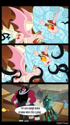 Size: 1288x2282 | Tagged: safe, derpibooru import, edit, edited screencap, editor:teren rogriss, screencap, cozy glow, lord tirek, queen chrysalis, alicorn, centaur, changeling, changeling queen, pony, the ending of the end, alicornified, black vine, bow, cave, cozycorn, female, giant demon alicorn cozy glow, horn, i've seen enough hentai to know where this is going, image, jpeg, mare, plunder seeds, race swap, ultimate chrysalis, vine