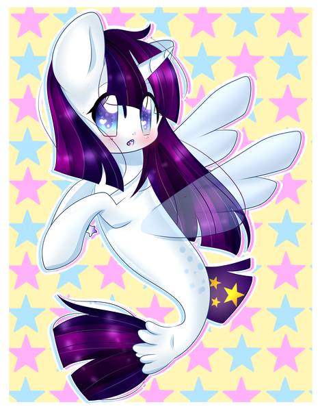 Size: 2162x2773 | Tagged: safe, artist:twily-star, derpibooru import, oc, unofficial characters only, alicorn, pony, seapony (g4), blue eyes, blushing, clothes, deviantart watermark, dorsal fin, female, fin wings, fish tail, horn, image, obtrusive watermark, open mouth, png, purple mane, seaponified, see-through, solo, species swap, tail, watermark, wingding eyes, wings