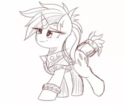 Size: 2048x1707 | Tagged: safe, artist:nozukz, derpibooru import, rarity, pony, unicorn, alternate hairstyle, bracelet, clothes, female, image, jacket, jpeg, mare, monochrome, punk, raripunk, smiling, solo, spiked wristband, wristband