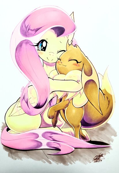 Size: 1411x2048 | Tagged: safe, artist:025aki, derpibooru import, fluttershy, eevee, pegasus, hug, image, jpeg, pokémon