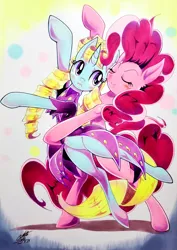 Size: 1452x2048 | Tagged: safe, artist:025aki, derpibooru import, four step, pinkie pie, clothes, dancing, dress, image, jpeg