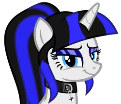 Size: 2286x1959 | Tagged: safe, artist:severity-gray, derpibooru import, oc, oc:coldlight bluestar, unofficial characters only, pony, unicorn, collar, cutie mark, eyeshadow, horn, image, looking at you, makeup, png, ponytail, smiling, smiling at you, smug, solo