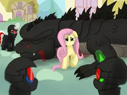 Size: 4032x3024 | Tagged: semi-grimdark, artist:lordshrekzilla20, derpibooru import, fluttershy, kaiju, fanfic:godzilla, blood, crying, fanfic art, godzilla, godzilla (series), image, injured, png, ponyville, protecting, soldier