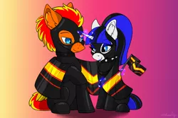 Size: 3000x2000 | Tagged: suggestive, artist:aurorafang, derpibooru import, oc, oc:coldlight bluestar, oc:fireheart, unofficial characters only, pegasus, pony, unicorn, bdsm, collar, couple, glowing horn, horn, image, latex, latex pride flag, latex suit, looking at each other, magic, neck corset, png, ponytail, pride, pride flag, pride month, rubber, rubber pride flag, rubber suit, smiling, smiling at each other