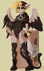 Size: 2508x4096 | Tagged: suggestive, artist:jazzynsfw, derpibooru import, oc, oc:tlen borowski, unofficial characters only, anthro, pegasus, boots, clothes, ear piercing, earring, eyeshadow, fingerless gloves, gloves, guitar, image, jacket, jewelry, jpeg, leather jacket, leotard, makeup, musical instrument, piercing, shoes, socks, solo, thigh highs