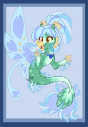 Size: 1258x1828 | Tagged: safe, artist:sapphirescarletta, derpibooru import, oc, unofficial characters only, classical hippogriff, hippogriff, hybrid, seapony (g4), blue background, blue mane, claws, dorsal fin, female, fins, fin wings, fish tail, image, open mouth, open smile, png, seashell necklace, simple background, smiling, solo, tail, wings, yellow eyes