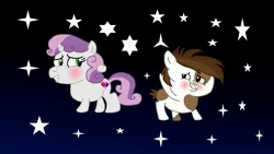 Size: 3264x1836 | Tagged: safe, artist:the double u, derpibooru import, pipsqueak, sweetie belle, earth pony, unicorn, fanfic:the six knights of the night, alternate universe, blushing, coat markings, cute, diasweetes, fanfic art, female, foal, image, jpeg, male, pinto, shipping, squeakabetes, stars, straight, sweetiesqueak