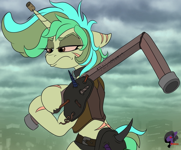 Size: 1266x1050 | Tagged: safe, artist:brainiac, derpibooru import, oc, oc:piper, unicorn, fallout equestria, commission, ex-raider, female, image, mystery commission, png, solo