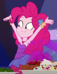 Size: 342x442 | Tagged: safe, derpibooru import, screencap, pinkie pie, equestria girls, equestria girls series, twilight under the stars, spoiler:eqg series (season 2), armpits, bare shoulders, bracelet, cropped, cute, grin, hairband, heart necklace, image, jewelry, png, rah rah skirt, sleeveless, smiling, solo, strapless