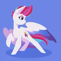 Size: 1000x1000 | Tagged: safe, artist:raygirl, derpibooru import, zipp storm, pegasus, pony, blue background, female, g5, image, looking back, mare, png, raised hoof, simple background, solo, spread wings, wings