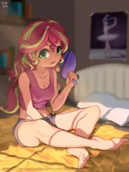 Size: 967x1290 | Tagged: suggestive, artist:tinybenz, derpibooru import, edit, sci-twi, sunset shimmer, twilight sparkle, equestria girls, barefoot, bed, bedroom, bookshelf, breasts, cleavage, clothes, crossed legs, cute, denim shorts, erect nipples, fan, feet, female, grey bottomwear, hand in bottomwear, human coloration, image, implied lesbian, implied scitwishimmer, implied shipping, incorrect eye color, indoors, midriff, on bed, open mouth, pillow, pink topwear, png, poster, shimmerbetes, shiny skin, shorts, sitting, sleeveless, solo, solo female, sweat, tanktop, tomboy, two toned hair, watermark