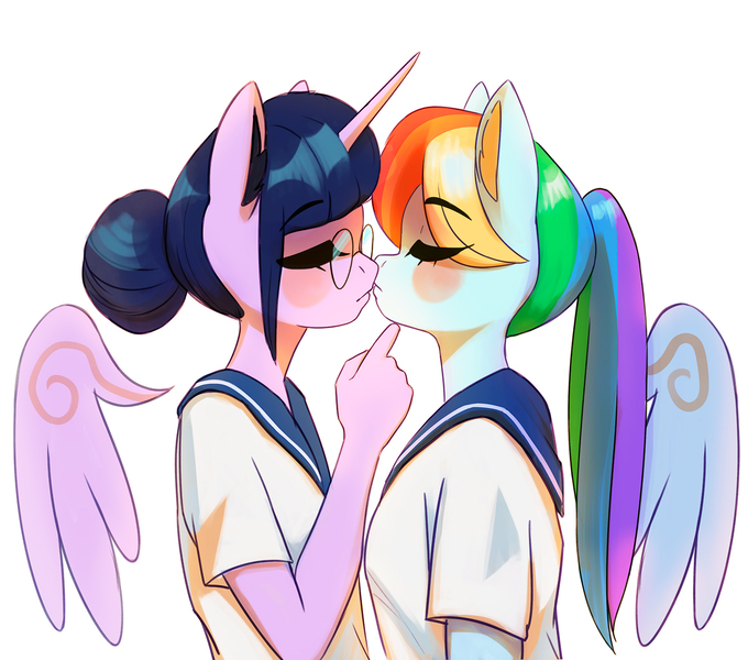 Size: 1338x1180 | Tagged: safe, artist:mrscroup, derpibooru import, rainbow dash, twilight sparkle, alicorn, anthro, pegasus, blushing, clothes, commission, female, glasses, hair bun, image, jpeg, kissing, lesbian, ponytail, school uniform, shipping, twidash, your character here