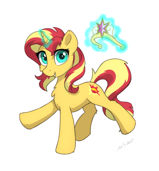 Size: 1702x1821 | Tagged: safe, artist:mercurysparkle, derpibooru import, sunset shimmer, pony, unicorn, equestria girls, equestria girls (movie), big crown thingy, cheek fluff, chest fluff, ear fluff, element of magic, female, image, jewelry, leg fluff, magic, mare, png, regalia, simple background, solo, telekinesis, white background