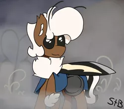 Size: 1600x1400 | Tagged: safe, artist:stemthebug, derpibooru import, oc, oc:stem bedstraw, unofficial characters only, hybrid, insect, moth, mothpony, original species, pony, fog, frying pan, hollow knight, image, png, shell, solo
