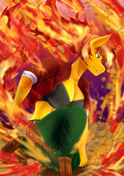 Size: 2480x3508 | Tagged: safe, artist:mantarwolf, derpibooru import, oc, oc:red fire, unofficial characters only, anthro, elemental pony, pony, unguligrade anthro, anthro oc, breasts, clothes, commission, digital art, female, fire, gift art, image, kneeling, mare, pants, png, ponytail, smiling, solo, ych result