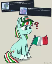 Size: 1500x1856 | Tagged: safe, artist:catachromatic, derpibooru import, oc, oc:candy canter, unofficial characters only, earth pony, pony, coat markings, confused, derpibooru screenshot, earth pony oc, facial markings, flag, heterochromia, image, italian flag, mountain dew, png, question mark, simple background, sitting, socks (coat marking), solo, star (coat marking), tan background